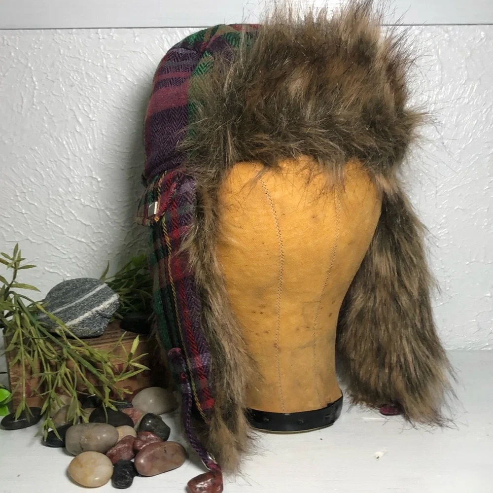 Plaid Bomber Faux Fur Hat Snow Ski Cold Weather Headwear Multi Color Plaid Hat - Picture 3 of 16